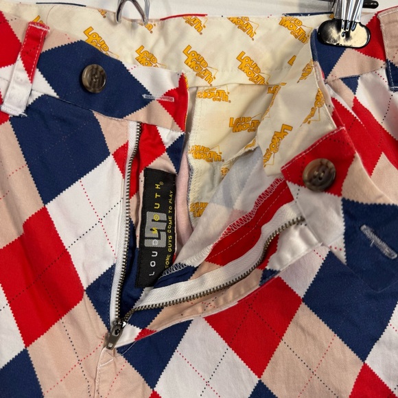 Loudmouth Golf Pants Mens 34 X 32 Dixie Argyle Pattern Red White Blue Tan - Picture 4 of 10